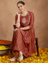 Janasya Women's Rust Silk Blend Yoke Embroidered Gold Printed A-line Kurta Set With Dupatta